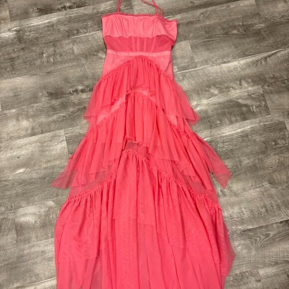 Pink Tiered Ruffle Maxi Dress Formal Evening Party Gown - Picture 3 of 3